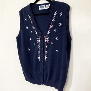 Vintage tabi navy blue embroidered knit grandma sweater vest M